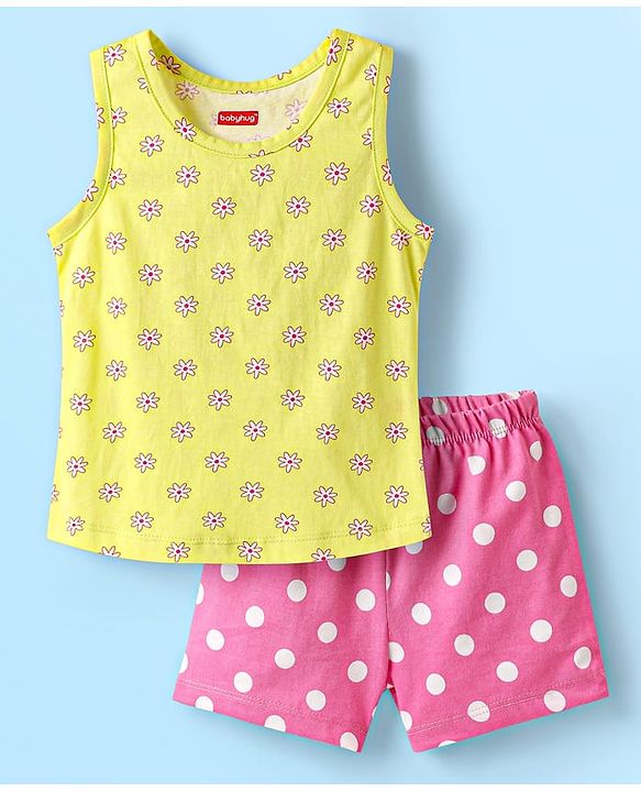 Babyhug 100% Cotton Single Jersey Knit Sleeveless Sando & Shorts Set With Floral & Polka Dots Print - Yellow & Pink