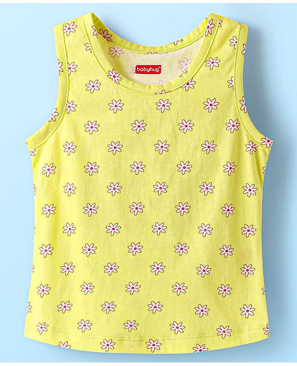 Babyhug 100% Cotton Single Jersey Knit Sleeveless Sando & Shorts Set With Floral & Polka Dots Print - Yellow & Pink