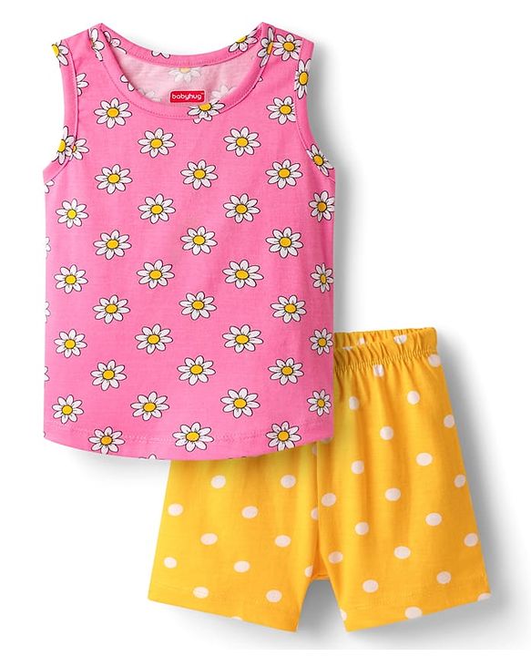 Babyhug 100% Cotton Single Jersey Knit Sando & Shorts Set With Floral & Polka Dots Print - Pink & Yellow