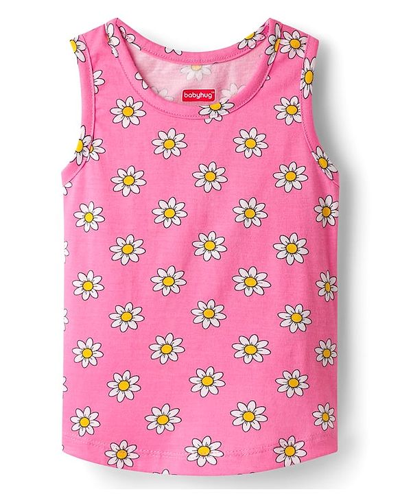 Babyhug 100% Cotton Single Jersey Knit Sando & Shorts Set With Floral & Polka Dots Print - Pink & Yellow