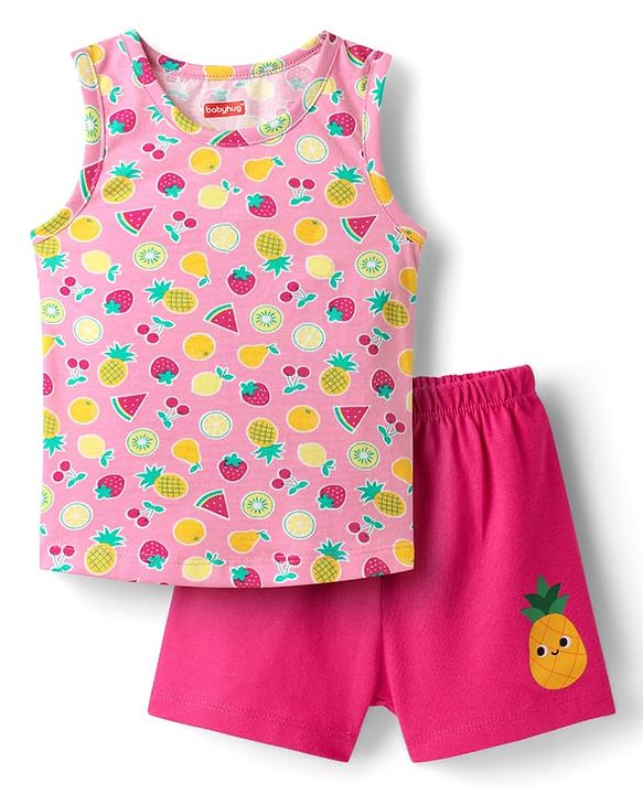 Babyhug 100% Cotton Single Jersey Knit Sando & Shorts Set With Fruit Print - Pink