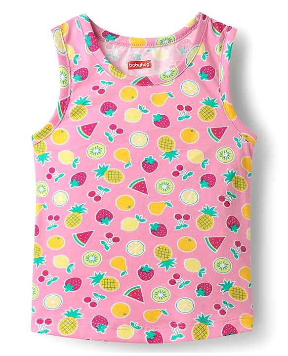 Babyhug 100% Cotton Single Jersey Knit Sando & Shorts Set With Fruit Print - Pink