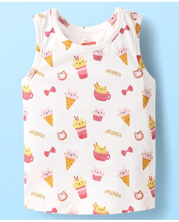 Babyhug 100% Cotton Knit Sleeveless Sando Vest & Shorts Set With Ice Cream Print - White & Pink