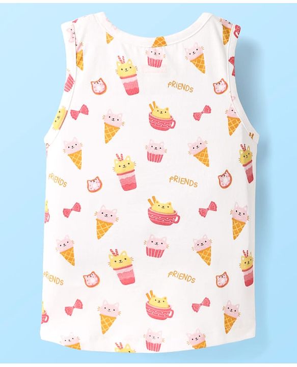 Babyhug 100% Cotton Knit Sleeveless Sando Vest & Shorts Set With Ice Cream Print - White & Pink