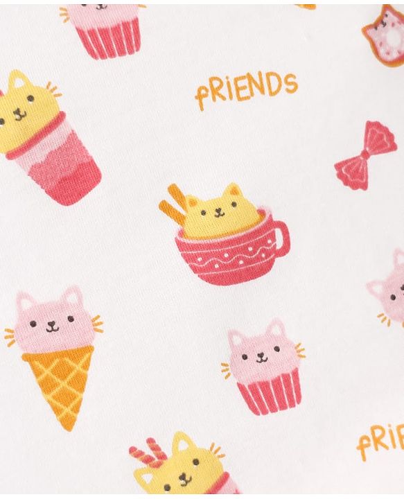 Babyhug 100% Cotton Knit Sleeveless Sando Vest & Shorts Set With Ice Cream Print - White & Pink