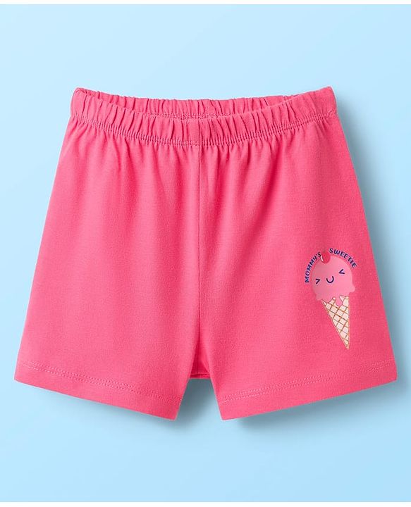 Babyhug 100% Cotton Knit Sleeveless Sando Vest & Shorts Set With Ice Cream Print - White & Pink