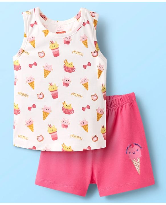 Babyhug 100% Cotton Knit Sleeveless Sando Vest & Shorts Set With Ice Cream Print - White & Pink