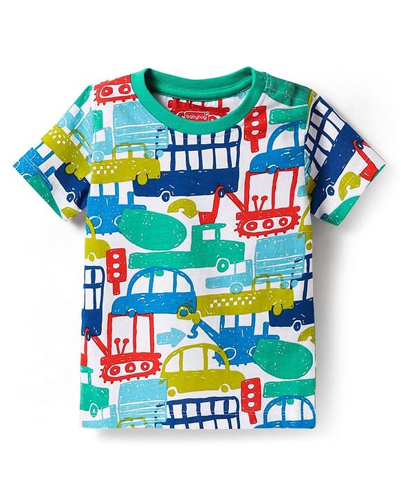 Babyhug Cotton Knit Half Sleeves Co-ords Night Suit with Vehicle Print - Light Green