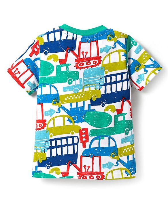 Babyhug Cotton Knit Half Sleeves Co-ords Night Suit with Vehicle Print - Light Green