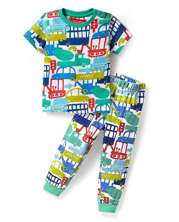 Babyhug Cotton Knit Half Sleeves Co-ords Night Suit with Vehicle Print - Light Green