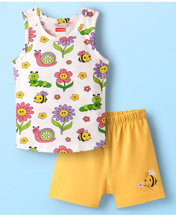 Babyhug 100% Cotton Single Jersey Knit Sando & Shorts Set With Floral Print - White & Yellow