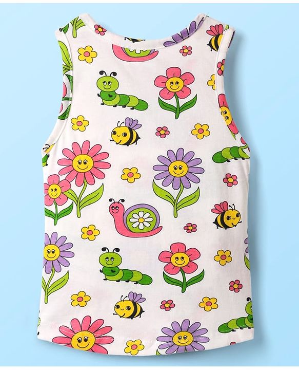 Babyhug 100% Cotton Single Jersey Knit Sando & Shorts Set With Floral Print - White & Yellow