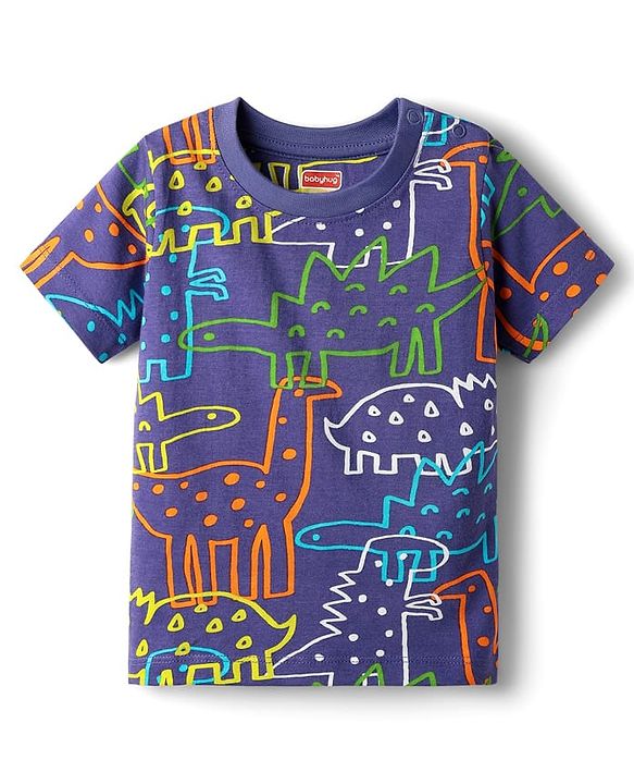 Babyhug Cotton Knit Half Sleeves Shorts Co-ord Night Suit With Dino Print - Purple