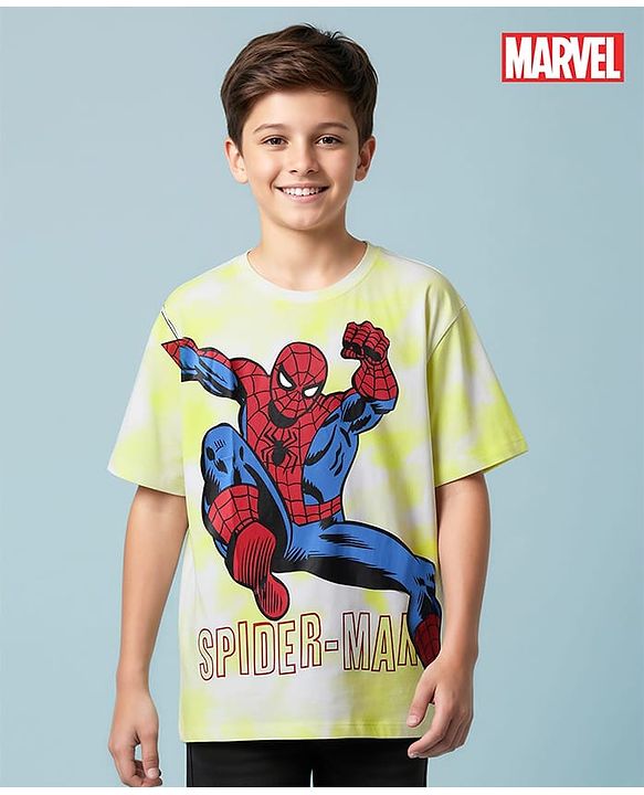 Pine Kids Marvel Single Jersey Knit Half Sleeves Oversized T-Shirt with Spider Man Graphics - Neon Green