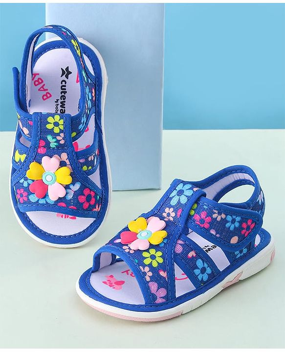 Cute Walk by Babyhug Sandals with Velcro Closure & Floral Applique - Blue
