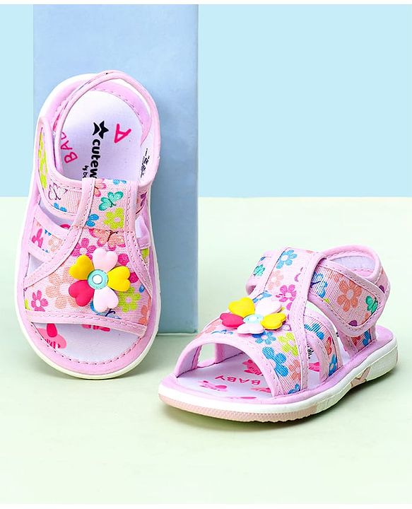 Cute Walk by Babyhug Sandals with Velcro Closure & Floral Applique - Blue