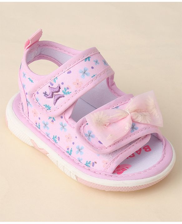 Cute Walk by Babyhug Sandals with Velcro Closure Floral Print & Bow Applique - Pink