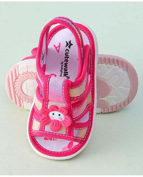 Cute Walk by Babyhug Sandals with Velcro Closure & Floral Applique - Dark Pink