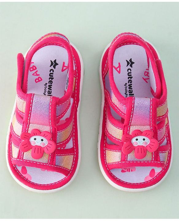 Cute Walk by Babyhug Sandals with Velcro Closure & Floral Applique - Dark Pink