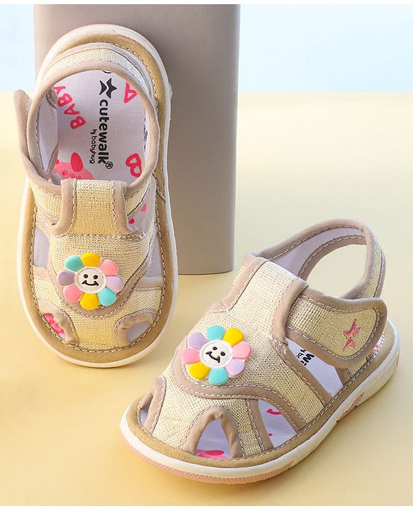 Cute Walk by Babyhug Velcro Closure Sandals With Sunflower Applique - Beige