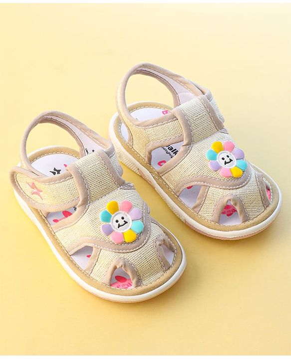 Cute Walk by Babyhug Velcro Closure Sandals With Sunflower Applique - Beige