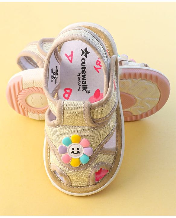Cute Walk by Babyhug Velcro Closure Sandals With Sunflower Applique - Beige