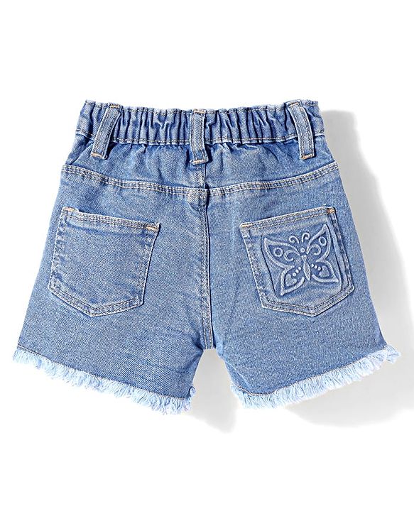 Babyhug Mid Thigh Washed Denim Shorts With Stretch & Text Print - Blue