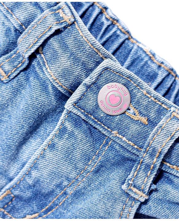Babyhug Mid Thigh Washed Denim Shorts With Stretch & Text Print - Blue