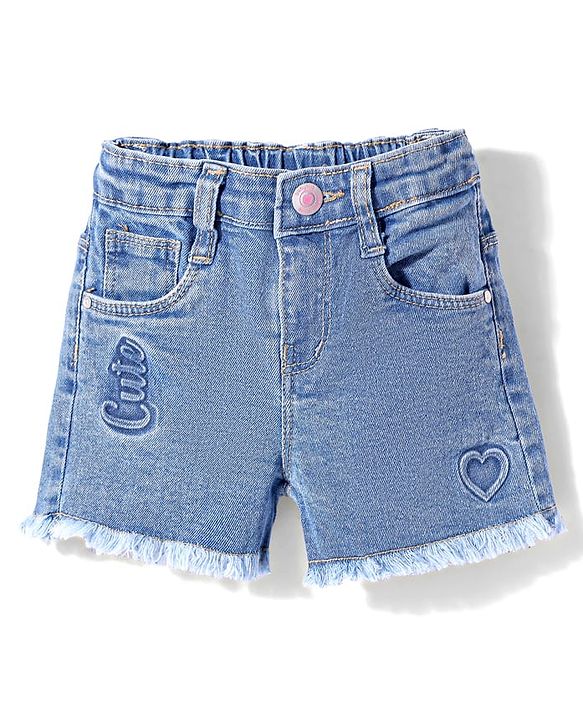 Babyhug Mid Thigh Washed Denim Shorts With Stretch & Text Print - Blue