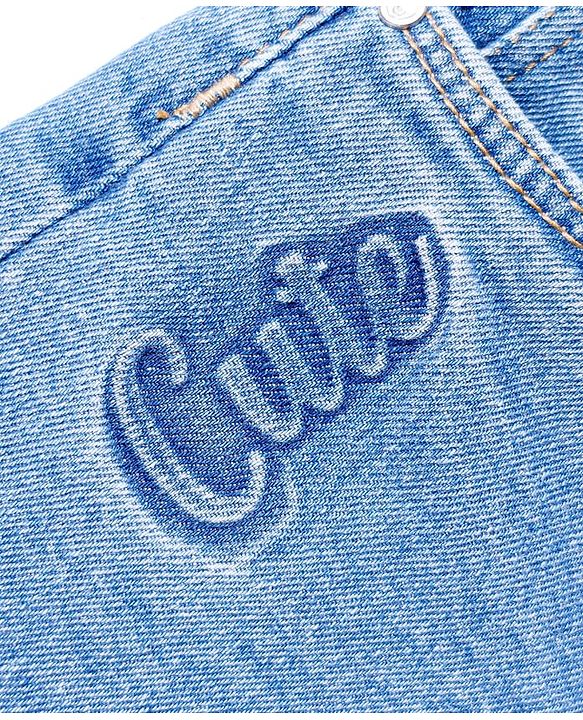 Babyhug Mid Thigh Washed Denim Shorts With Stretch & Text Print - Blue