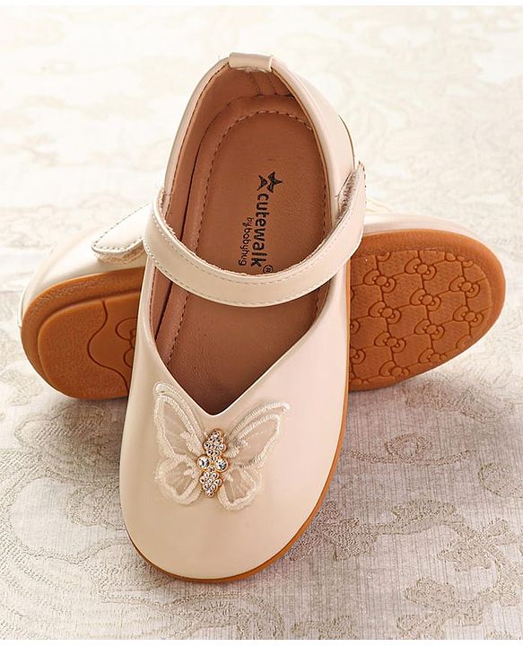 Cute Walk by Babyhug Ballerinas with Velcro Closure & Butterfly Applique  - Beige