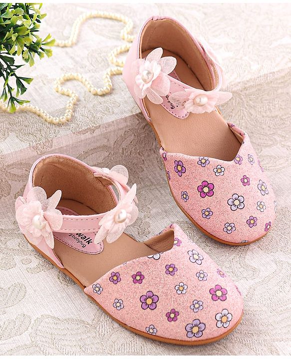 Cute Walk by Babyhug Velcro Closure Ballerina with Floral Applique - Pink