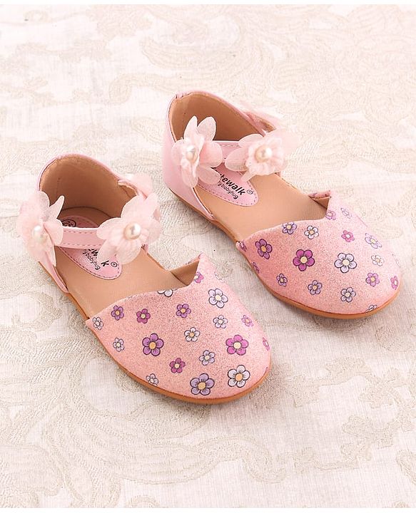 Cute Walk by Babyhug Velcro Closure Ballerina with Floral Applique - Pink
