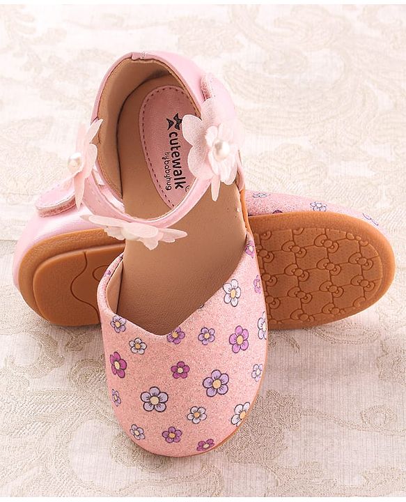 Cute Walk by Babyhug Velcro Closure Ballerina with Floral Applique - Pink