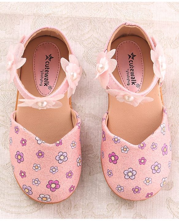 Cute Walk by Babyhug Velcro Closure Ballerina with Floral Applique - Pink
