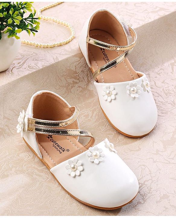 Cute Walk by Babyhug Velcro Closure Ballerina with Floral Applique  - White