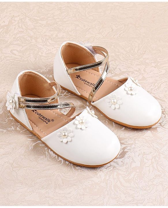 Cute Walk by Babyhug Velcro Closure Ballerina with Floral Applique  - White
