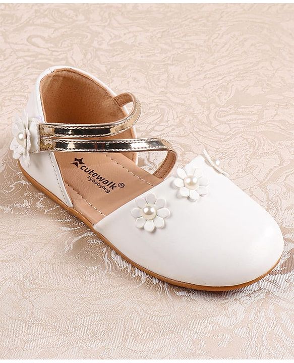 Cute Walk by Babyhug Velcro Closure Ballerina with Floral Applique  - White