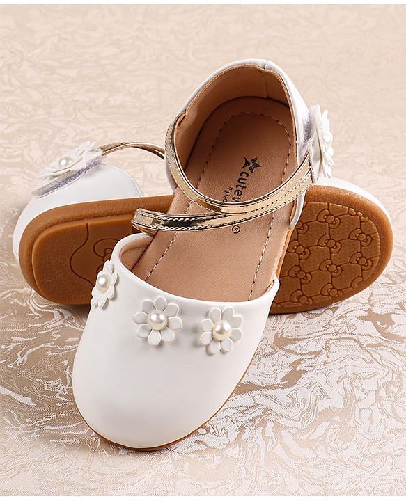 Cute Walk by Babyhug Velcro Closure Ballerina with Floral Applique  - White