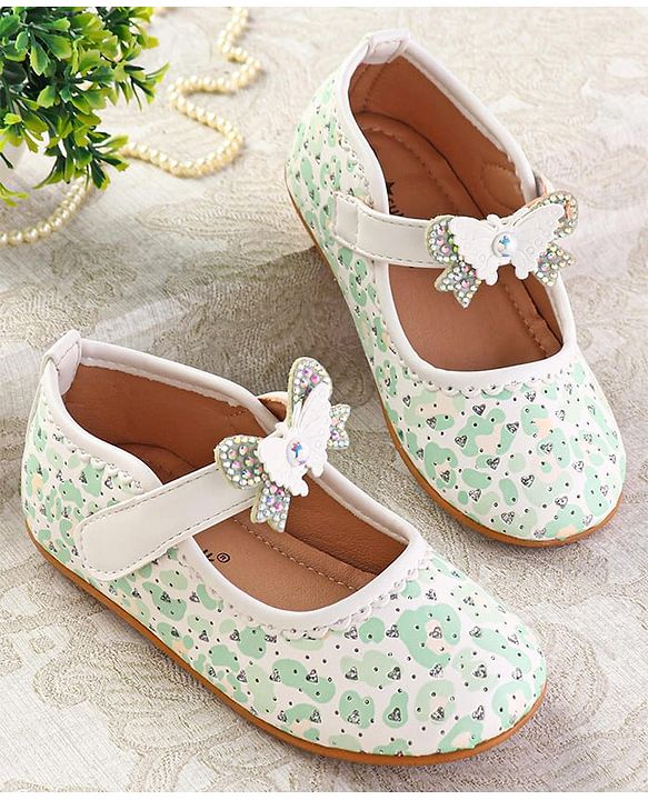 Cute Walk by Babyhug Ballerinas with Velcro Closure Heart Print & Bow Applique - Mint