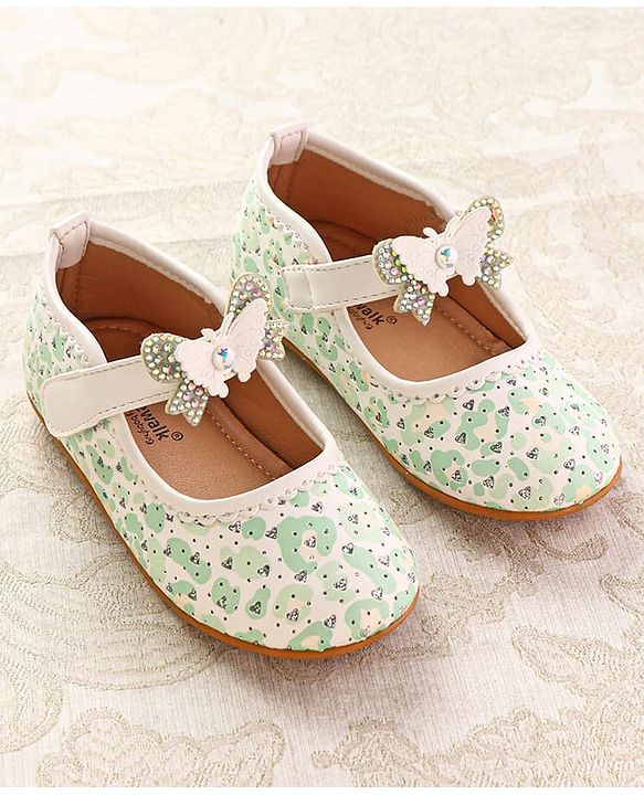 Cute Walk by Babyhug Ballerinas with Velcro Closure Heart Print & Bow Applique - Mint