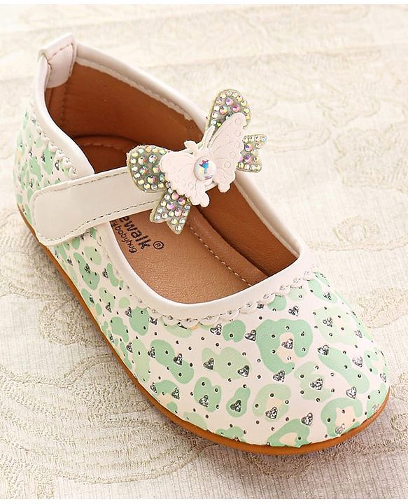 Cute Walk by Babyhug Ballerinas with Velcro Closure Heart Print & Bow Applique - Mint