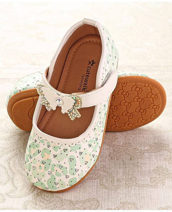 Cute Walk by Babyhug Ballerinas with Velcro Closure Heart Print & Bow Applique - Mint
