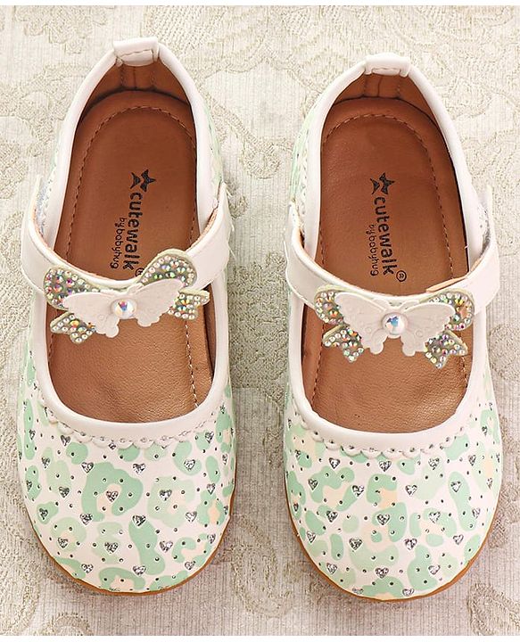 Cute Walk by Babyhug Ballerinas with Velcro Closure Heart Print & Bow Applique - Mint