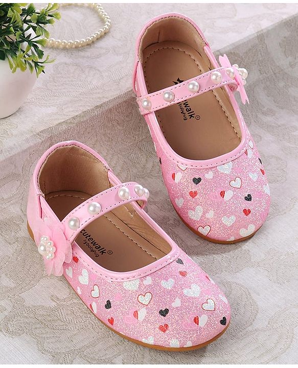 Cute Walk by Babyhug Ballerina with Velcro Closer & Hearts Print - Pink