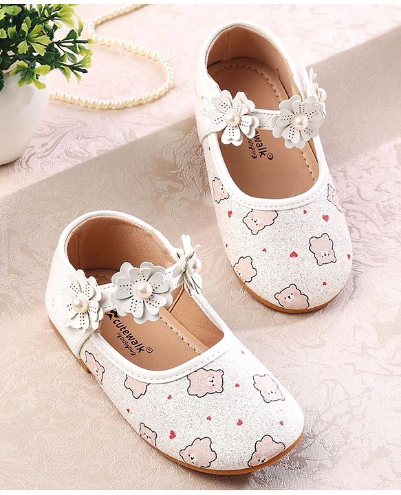 Cute Walk by Babyhug Velcro Closer Ballerina with Floral Applique & Bear Print - White