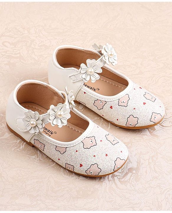 Cute Walk by Babyhug Velcro Closer Ballerina with Floral Applique & Bear Print - White