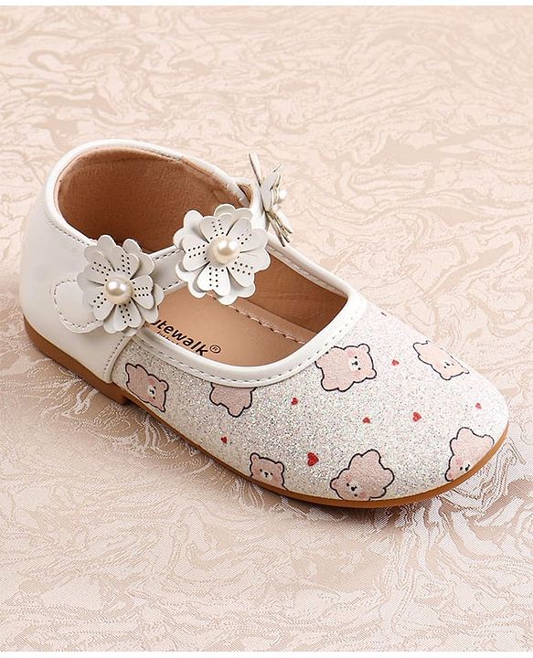 Cute Walk by Babyhug Velcro Closer Ballerina with Floral Applique & Bear Print - White