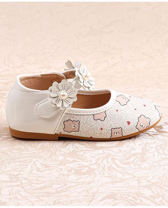 Cute Walk by Babyhug Velcro Closer Ballerina with Floral Applique & Bear Print - White