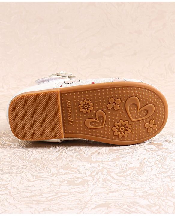 Cute Walk by Babyhug Velcro Closer Ballerina with Floral Applique & Bear Print - White